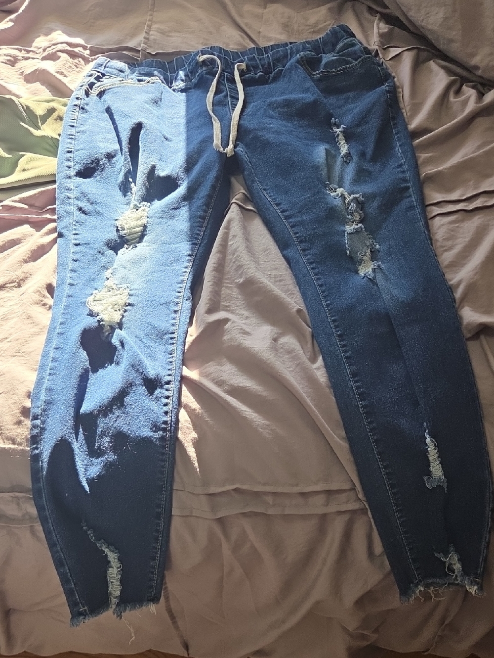 Women's Distressed Drawstring Skinny Jeans - Blue